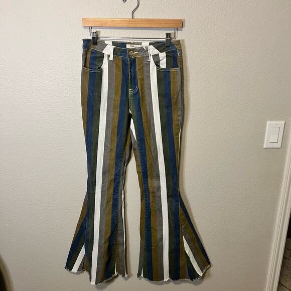 Hope Design Denim - Hope Design Western Boutique Blue and Green Striped Flare Jeans Size S